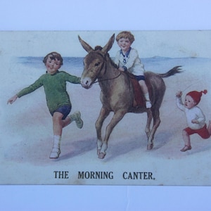 Vintage Kinderpostkarte, Kinder und Esel im Sand, 1920er?, illustrierte Postkarte, Familie Curtis, Denbury Manor, Newton Abbott