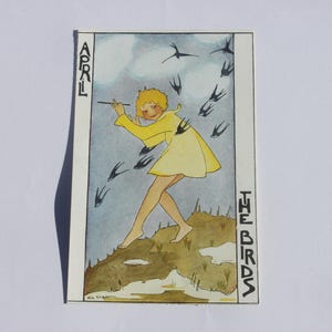 Postal antigua, ilustradora infantil, art déco Rie Cramer, artista holandesa, meses del año, abril Los pájaros, serie 134, década de 1920