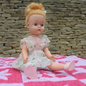 Vintage Chiltern doll, 18" tall, 1960s, hard & soft plastic, reddish blonde hair, embroidered dress, shoes, children's toys, girls' dolls