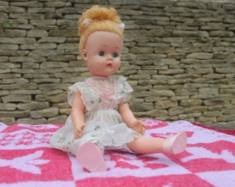 Vintage Chiltern doll, 18" tall, 1960s, hard & soft plastic, reddish blonde hair, embroidered dress, shoes, children's toys, girls' dolls