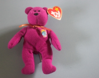 Vintage Ty Teenie Beanie Baby Millenium the Bear 1990s McDonalds purple plush bear, soft toy bears, beanie bears, collectable bears