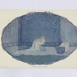 Vintage kinderkaart, W Le Mair, geïllustreerde kaart, kinderrijmpjes, Sleep baby sleep, post ongebruikt, Willebeek Le Mair, jeugd