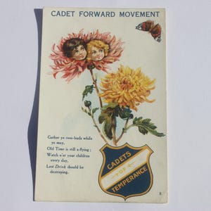 Postal antigua de la Templanza, niños cadetes, flores y mariposas, postales infantiles, movimiento de templanza infantil, década de 1920 y 1930
