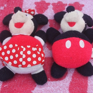 Mickey Mouse & Minnie Mouse soft toys 1990s Disney, red black outfits, foam interior, 7" long, soft toys, stuffed toys, children's toys
