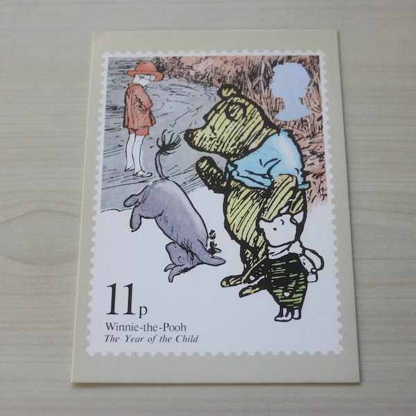 Vintage Winnie the Pooh postcard 11p stamp design 1979, children's book illustrations, Eeyore Piglet, teddy bear donkey pig, greetings card