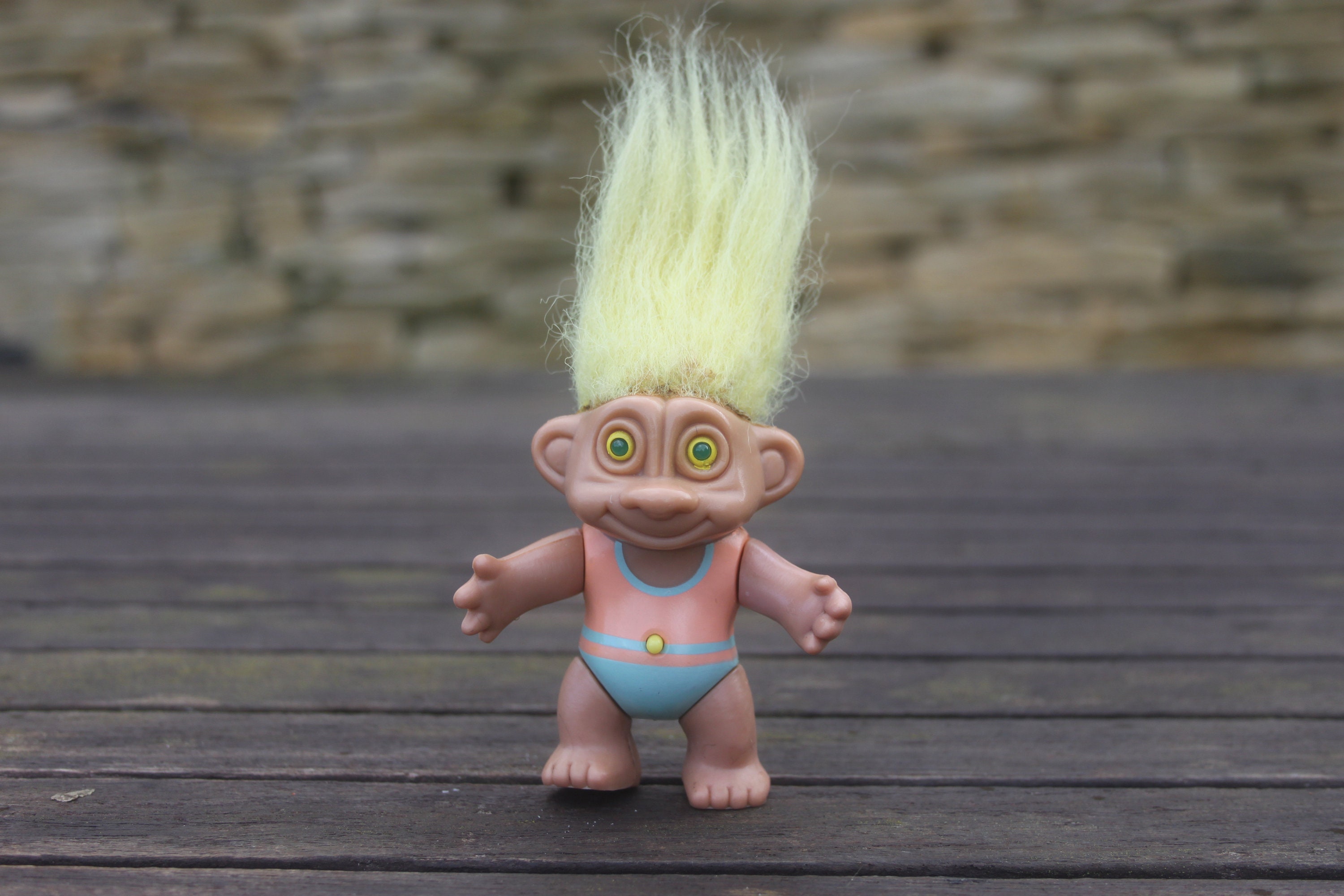 Vintage troll, child's toy, Made in China, Soma 1992, battery required, 7 cms tall excluding hair, swimsuit or wrestling outfit, 1990s toys