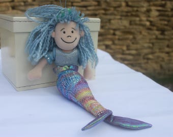 Jellycat mermaid doll blue hair rainbow tail 14", children's toys, soft toy doll, cloth dolls, plush dolls, companion toys, mermaid toys