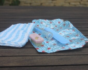 Babies washing set and toothbrush, 1960s, flannel, toothbrush, comb, all in blue, baby boy christening set, social history