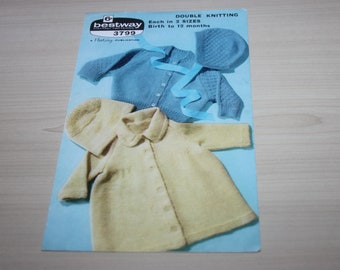 Vintage baby's knitting pattern, pram set, coat and bonnet, Bestway 3799, birth to 12 months, babies patterns, babies knitwear, baby's knits