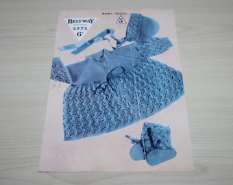 Vintage baby's knitting patterns, pram set, baby's coat, baby's bootees, babies bonnet, babies knitwear, vintage patterns, 1950s, 1940s