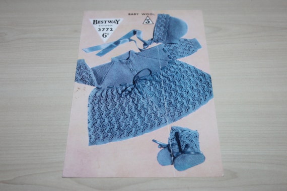 Vintage baby's knitting patterns, pram set, baby's coat bootees bonnet knitwear