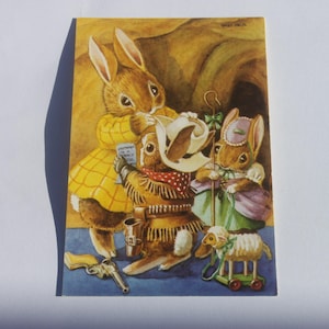 carte postale vintage, illustrateur pour enfants, Racey Helps, S'habiller pour la fête, Société Médicis, livres pour enfants, années 1960, lapins, rousseurs