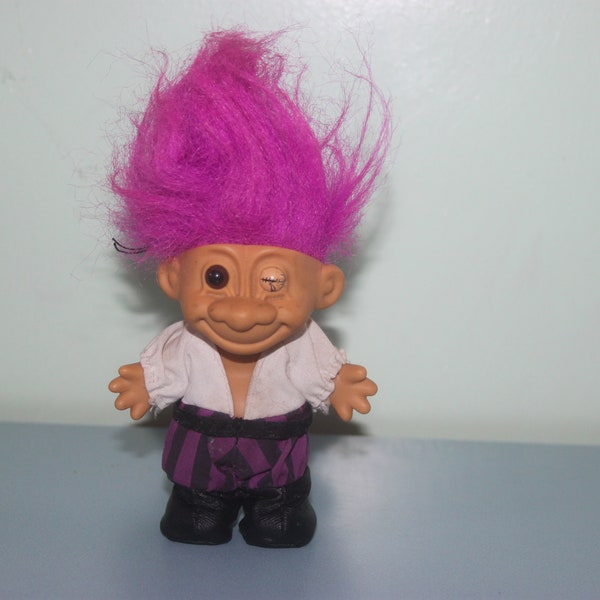 Vintage pirate troll, purple hair, scary eye, shirt trousers boots onesie, Russ troll, 1980s 1990s action figure toy, collectable gift