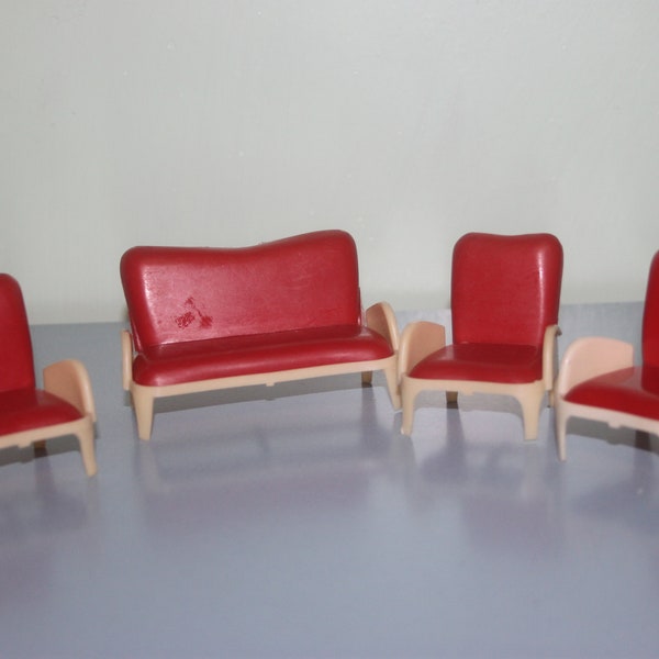 Red and beige plastic doll's house sofa set 1960s, miniature chairs, vintage childrens toys, girl's toys, mid century