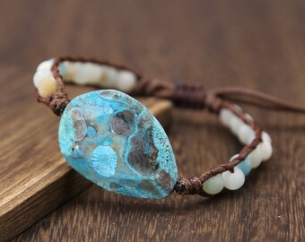 EvaDane Natural Ocean Jasper Gemstone Rope Bead Feather Charm Stretch Bracelet EvaDane Natural Ocean Jasper Gemstone Rope Bead Feather Charm Stretch Bracelet