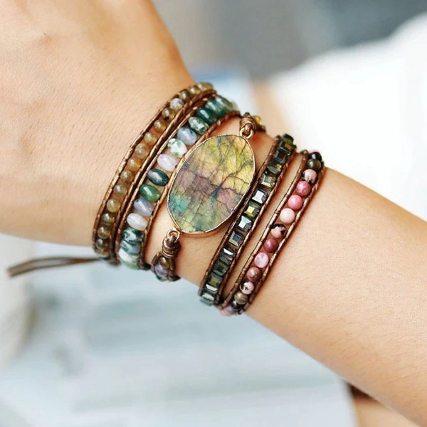 Labradoriet Armband Natuursteen Echt Leer Boho Styel Healing Wrap Armband