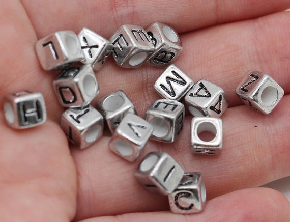 Bead mix, acrylic, opaque silver and black, 6mm cube with alphabet