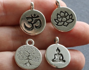 8 Om Charms Lutos Charm Tree Charm Buddha Charm Antique Silver Tone Round Tag Bracelet Charm Yoga Charm- HY001