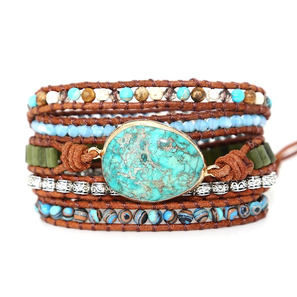 Imperial Turquoise Stone Armband-Handgemaakte Natuurlijke Edelsteen Balans Meditatie Spirituele Bescherming Armband Echte Lederen Wrap Armband