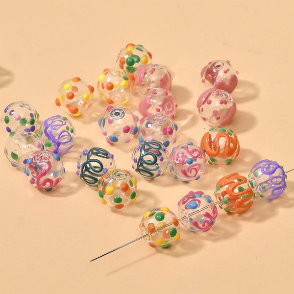 14mm Painted dripping oil hollow glass bubble glass straight hole loose beads DIY handmade jewelry earrings beaded material accessories