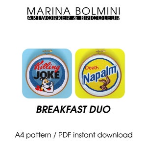 Puede incluir: Dos patrones de bordado en aro, uno azul con un tigre y el texto "Killing JOKE" y otro amarillo con un conejo y el texto "Death Napalm". El texto "BREAKFAST DUO" está debajo de los aros. El texto "A4 pattern / PDF instant download" está debajo del texto "BREAKFAST DUO".