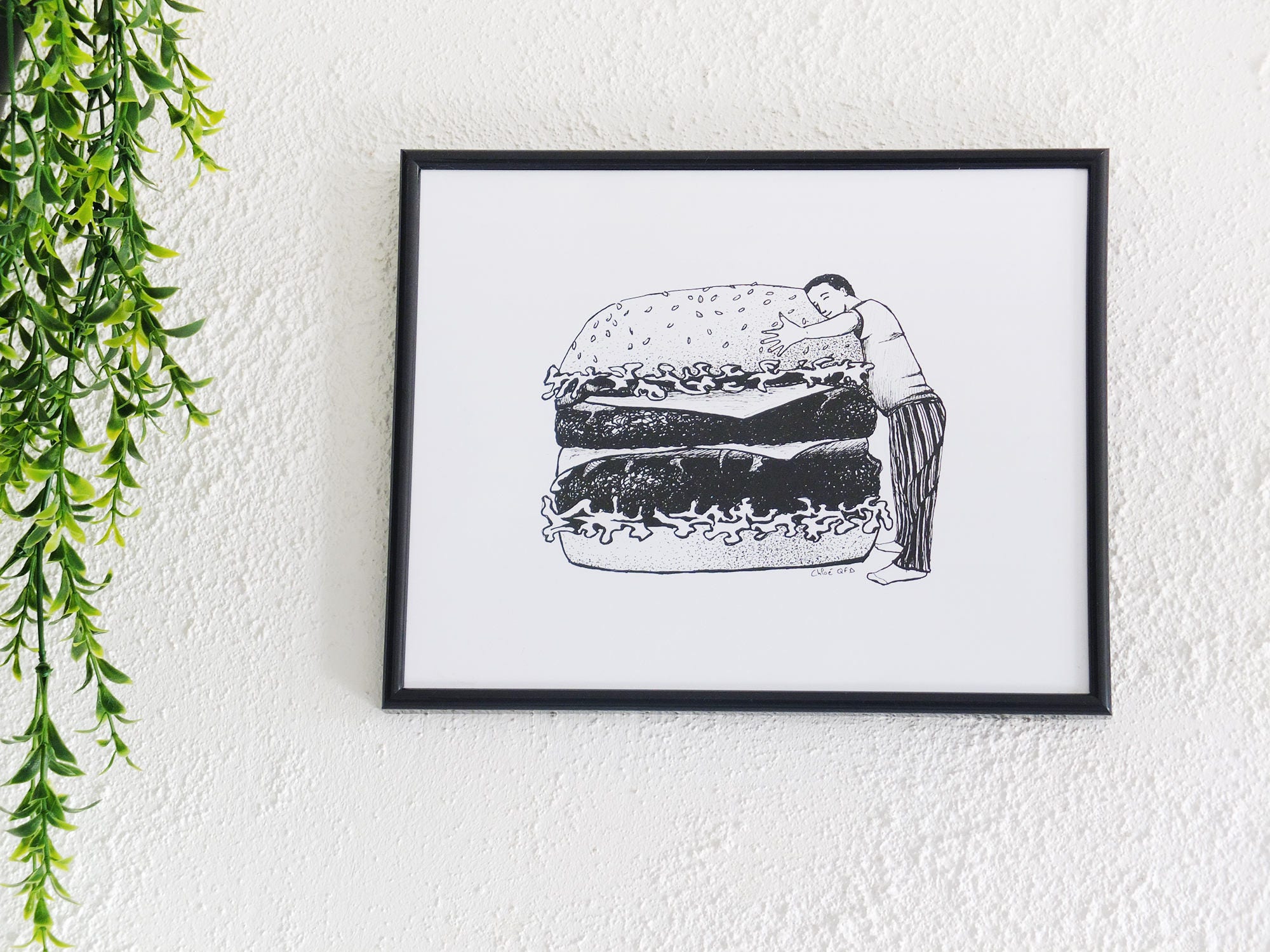 Affiche Hamburger Câlin Pour Les Amoureux Des Burgers. Noir et Blanc. Chloé Qfd