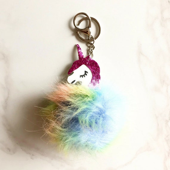 Unicorn Keyring Pompom for bag purse keys keychain charm handbag jewellery gift
