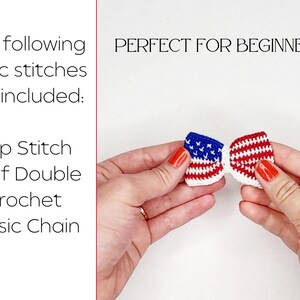 May include: A crocheted bow tie in the shape of the American flag. The bow tie is red, white, and blue and has white stars on the blue section. The text "PERFECT FOR BEGINNERS!" is visible above the bow tie.