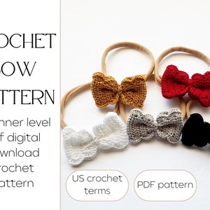 May include: Crochet bow pattern PDF download.  Instructions for making a crochet bow headband in five different colors: white, mustard yellow, red, gray, and black.  US crochet terms.
