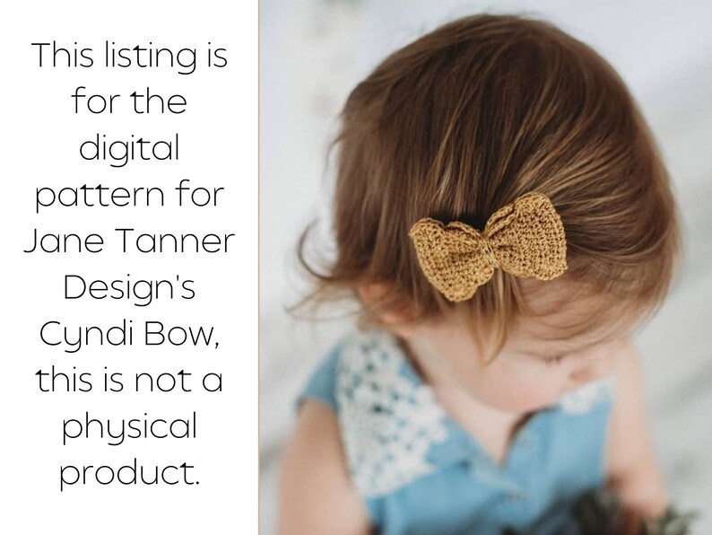 May include: A close-up of a child's head with a crocheted mustard yellow bow in their hair. The bow is tied in a simple knot and is centered on the top of the head.
