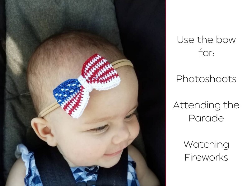 May include: A baby wearing a red, white, and blue crocheted bow headband. The headband is on a nude elastic band. The baby is looking down and smiling.