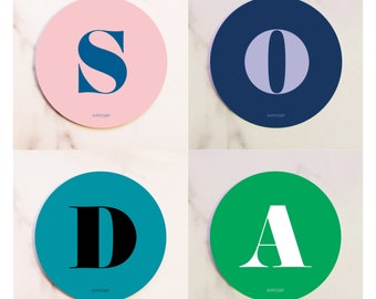 Soda 4 Coasters / Printed Wood / Scandinavian Design / Mix and match / Patterns and Alphabet Letters