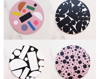 Pink & Black 4 Coasters / Printed Wood / Scandinavian Design / Mix and match / Patterns and Alphabet Letters