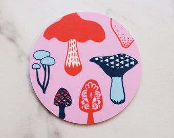 Pink Mushroom Coaster / Printed Wood / Scandinavian Design / Mix and match / Patterns and Alphabet Letters