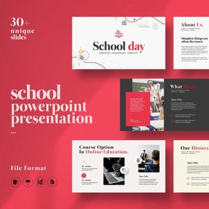 Puede incluir: Una plantilla de presentación de PowerPoint con temática escolar con fondo rojo. La presentación incluye diapositivas con texto e imágenes, incluyendo las palabras "School day" y "Course Option in Online Education."