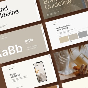 Modèle beige et blanc des lignes directrices de la marque avec présentation PowerPoint Keynote google slides Figma Canva