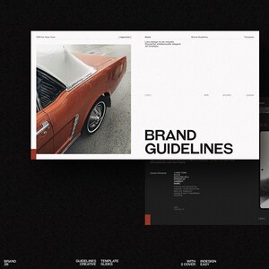 May include: A digital design template featuring a classic car image and the words "BRAND GUIDELINES" in bold, black text. The template also includes a black and white photo of a person and the text "XRP COMPANY TITLE HERE".