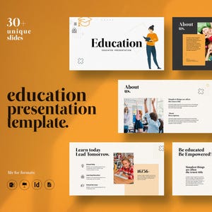 May include: A presentation template with the word "Education" on the cover slide. The template includes slides with the text "About Us", "Services", and "Learn today Lead Tomorrow". The background is a warm orange color.