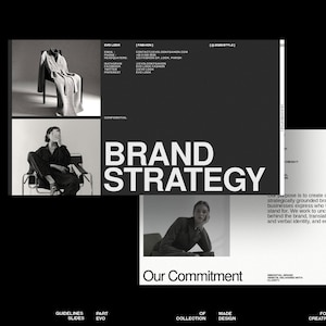 Puede incluir: Diseño gráfico en blanco y negro con las palabras "BRAND STRATEGY" en letras blancas grandes. El diseño incluye imágenes de ropa y personas, junto con el texto "Our Commitment". El diseño es para un estudio creativo.