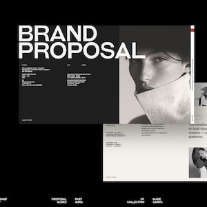Peut inclure: Diapositives de présentation avec le texte "BRAND PROPOSAL" en grandes lettres blanches. La diapositive présente un portrait en noir et blanc d'une personne et de petites images. Le texte "PROPOSAL SLIDES" est en bas.