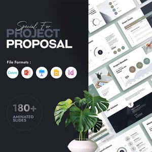 Può includere: Un modello di proposta di progetto con sfondo scuro e testo bianco che recita "Special For Project Proposal". L'immagine include varie diapositive con grafici e visualizzazioni di dati. Compatibile con Canva, PowerPoint e altri formati. Una pianta in vaso bianco in primo piano.