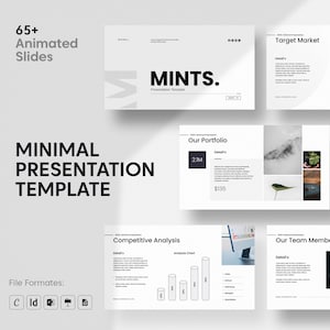Puede incluir: Plantilla de presentación minimalista con múltiples diapositivas animadas. Las diapositivas presentan un diseño limpio y moderno con una combinación de colores blanco y gris. El texto incluye "MINTS" y "MINIMAL PRESENTATION TEMPLATE".
