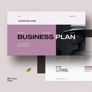 May include: A business plan template with a modern design. The title "BUSINESS PLAN" is in bold black letters over a mauve background. The image includes a grayscale photo of a person wearing a hat. The template includes 28 unique slides.