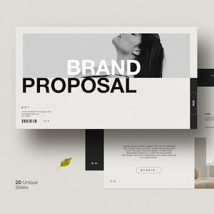 Könnte beinhalten: Minimalistisches Präsentationsdesign mit den Worten "BRAND PROPOSAL" in fetter schwarzer Schrift. Das Design enthält ein Graustufenbild einer Person und den Text "20 Unique Slides". Das Design enthält auch den Text "PPTX KEYNOTE GOOGLE SLIDE IN DESIGN".