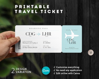 May include: A printable travel ticket design with the text "PRINTABLE TRAVEL TICKET". The ticket shows flight details from CDG to LHR, with passenger names and date. A second design variation is also shown.