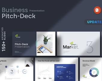 May include: A digital presentation template titled "Business Pitch-Deck" with over 150 animated slides. The design features a dark blue and white color scheme, with graphics and text. The presentation includes charts, graphs, and financial data.