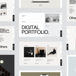 Op de afbeelding: Een website-ontwerpportfolio dat een digitale portfolio presenteert met de tekst "DIGITAL PORTFOLIO." De portfolio heeft een witte achtergrond met zwarte tekst en afbeeldingen.