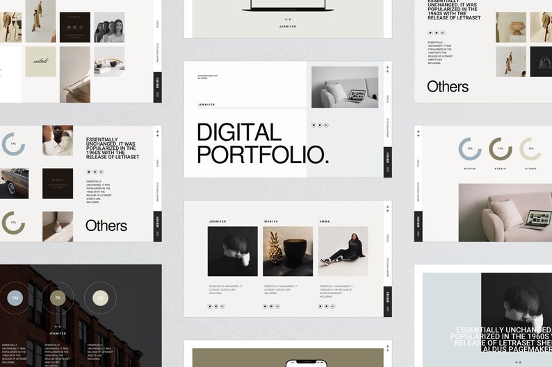 May include: A website design portfolio showcasing a digital portfolio with the text "DIGITAL PORTFOLIO." The portfolio features a white background with black text and images.