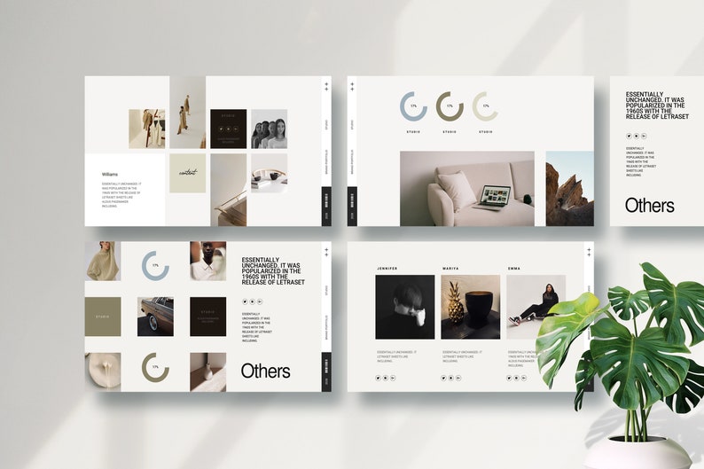May include: A website design mockup with a white background and a grid of images. The images are of various subjects, including a person, a car, a couch, and a plant. The website also includes text that says "Essentially unchanged it was popularized in the 1960s with the release of Letraset." and "Others".