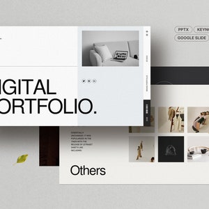 May include: A digital portfolio presentation template with a black and white color scheme. The template features a title slide with the text "DIGITAL PORTFOLIO." and a slide with the text "Others". The template is designed for use with PowerPoint, Keynote, Google Slides, and InDesign.